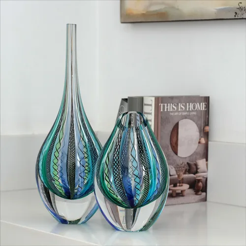 Vista 6 de Ca D Oro - Florero de cristal con bastones azules y verdes, soplado a mano, estilo Murano, modelo bajo