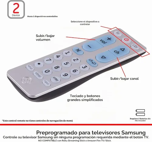 Vista 3 de GE Control remoto universal de 2 dispositivos, funciona con televisores inteligentes, LG, Sony, Blu Ray, DVD, DVR, Roku, Apple TV y otros