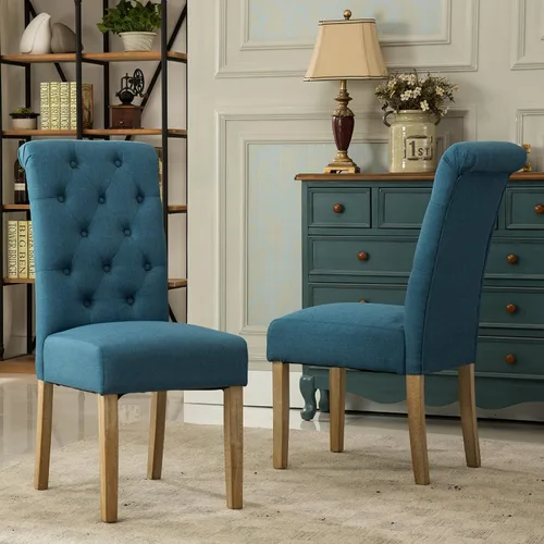Vista 5 de Roundhill Furniture - Silla de comedor parsons de madera maciza costumbrista y tapizado estilo capitoné (juego de 2), azul