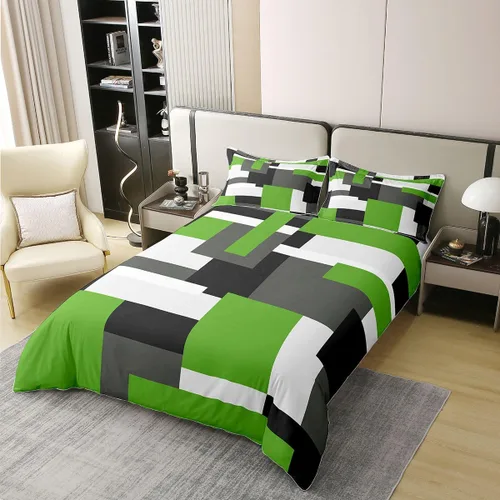 Vista 2 de Funda de edredón geométrica 100% algodón, tamaño individual, juego de ropa de cama de retazos, verde, negro, gris, blanco, retro, estética, rústica