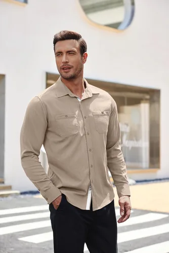Vista 2 de COOFANDY Camisa de vestir ajustada para hombre, casual, con botones, de manga larga, con bolsillos