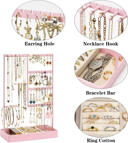 Vista 4 de PiQi-Grecge Organizador de joyas, organizador de aretes de 4 niveles con bandeja de metal, soporte para joyas para collares, aretes, pulseras