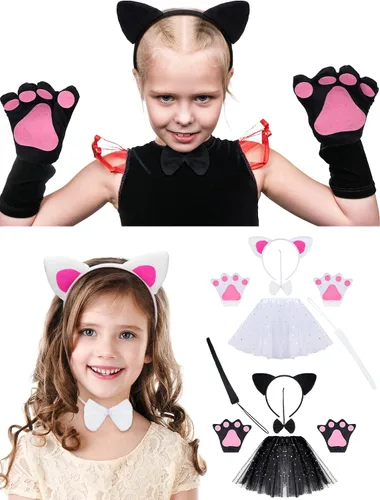 Vista 2 de Eurzom Juego de 2 disfraces de gato para niños, incluye diadema de orejas de gato, falda tutú, corbatín, guantes, cola de niña, cosplay