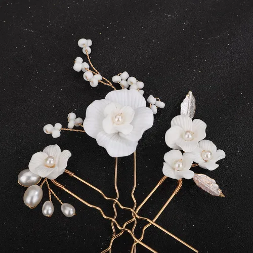 Vista 4 de Teyglen 3 horquillas para el pelo de boda, horquillas de flores para novia, flores y hojas, pinzas para el cabello de perlas para novia, accesorios