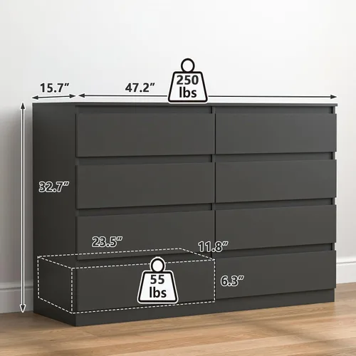 Vista 3 de Vibe & Dine Cómoda Doble de 8 Cajones, Cómoda Moderna con Almacenamiento Amplio para Closet, Dormitorio, Sala de Estar, Negro