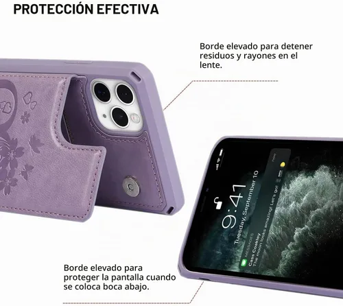 Vista 4 de iCoverCase Funda compatible con iPhone 11 Pro Max con tarjetero para mujer, bloqueo RFID en relieve, piel sintética con correa de muñeca para 11pro