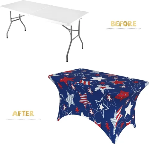 Vista 4 de Mantel rectangular ajustable de elastano elástico con estrellas patrióticas americanas de 4 pies, protector de mesa para fiestas, eventos