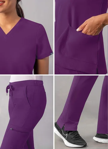 Vista 4 de Adar - Uniforme tipo filipina, con camisa de cuello en V y pantalones con bolsillos tipo cargo, para mujer