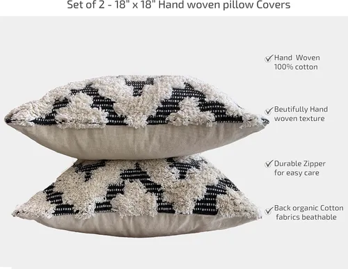 Vista 2 de Juego de 2 fundas de almohada bohemias para sofá, 18 x 18 y 20 x 20 pulgadas, de algodón, tejidas a mano, copetudas, fundas de almohada decorativas