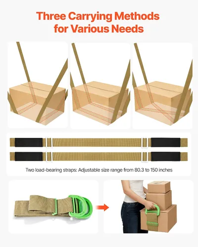 Vista 6 de VEVOR - Correas de mudanza, sistema de elevación para 2 personas con 2 correas de arnés, 2 de carga y 1 manual, correas ajustables para elevar