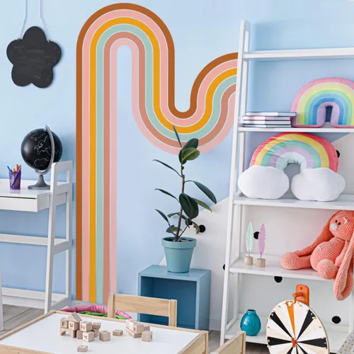 Vista 4 de Calcomanías de pared geométricas de líneas simples y bohemias extraíbles, 3D, colorido arco iris, calcomanías de pared de línea abstracta
