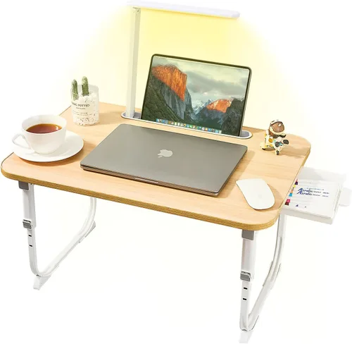 Vista 8 de Escritorio para computadora portátil para cama con luz de escritorio LED, mesa ajustable para tableta con patas plegables, cajón de almacenamiento
