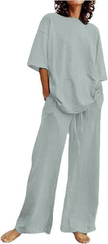 Vista 19 de Conjuntos de verano de 2 piezas para mujer, conjuntos elegantes y casuales de color liso, para verano, otoño, cuello redondo, tops y pantalones