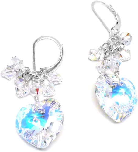 Vista 2 de 14x14mm Crystal Heart Clear AB Cluster Drop Earrings Sterling Silver or Gold-Filled