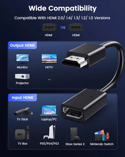 Vista 7 de ANDTOBO Cable de extensión HDMI macho a hembra HDMI de alta velocidad para Google Chrome Cast, Roku Stick, TV Stick, Xbox, PS3/4-2Pack