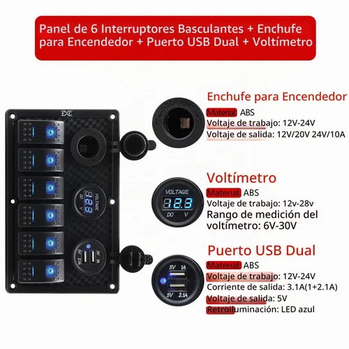 Vista 2 de Panel FXC impermeable, con ranura de doble puerto USB, fusibles de 4.2 A, visualización digital de voltaje, toma de encendedor y 4, 6 u 8 tipos