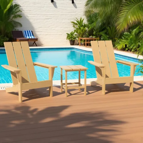 Vista 5 de 3 sillas Adirondack resistentes a todo tipo de clima, silla Adirondack de plástico HDPE con mesa de textura de madera, silla de césped para piscina
