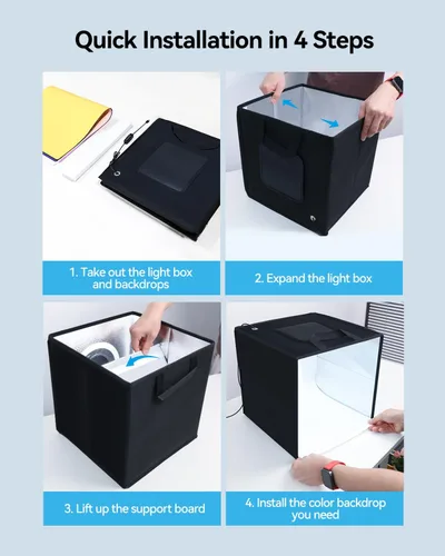 Vista 7 de Takerers Caja de Luz de Estudio Fotográfico de 12"x12"x12" con Cabina de Fotografía con 120 LEDs, 3000-5700K Ajustable, 6 Fondos de Colores, Carpas