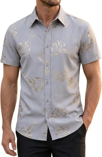Vista 18 de ZEROYAA - Camisas de vestir de manga corta con estampado de rosa dorada para hombre, estilo hipster, calce ajustado, con botones