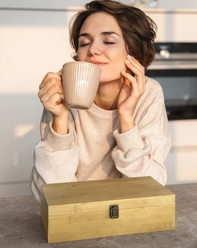 Vista 9 de Caja organizadora de té de bambú sin productos químicos, ecológica, grande, alta y ajustable, baúl de almacenamiento de madera natural