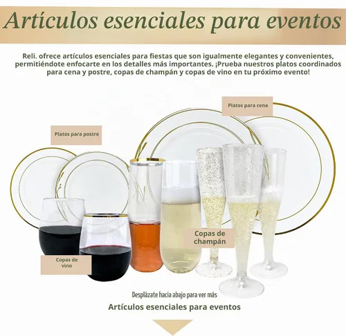 Vista 7 de Reli. Platos de plástico desechables, borde blanco/dorado, 50