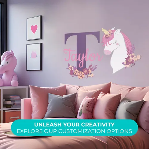 Vista 2 de EGD Nombre personalizado y unicornio inicial con decoración de pared de flores, calcomanías de pared de unicornio I Fancy Font I Decoración de pared