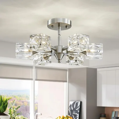 Vista 17 de XINGQI Lámpara de techo moderna de 6 luces, lámpara de montaje semiempotrado Sputnik, lámparas de araña doradas en negro para recámara, comedor
