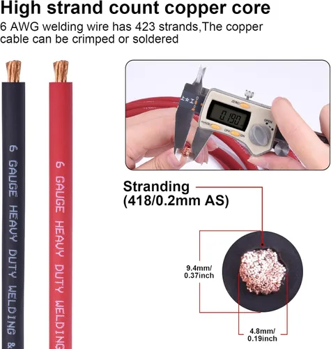 Vista 2 de iGreely Alambre Calibre 6 AWG 20 Pies Negro + 20 Pies Rojo Batería de Soldadura Cable Ultra Flexible de Cobre Puro + 5 pzs de Conectores de Terminal