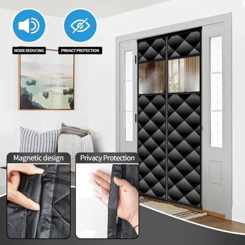 Vista 4 de Cortina magnética con aislamiento térmico para puerta con ventanas visibles desmontables, relleno de fibra de poliéster grueso y tela Oxford