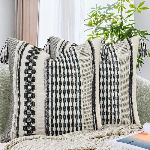 Vista 25 de AmHoo - Fundas de almohada de 18 x 18 pulgadas con borlas, fundas de almohada decorativas tejidas con textura de chenilla estilo boho para sofá