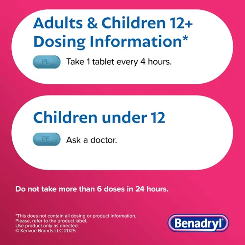 Vista 4 de Benadryl Allergy Plus Congestión Ultratabs, medicamento con difenhidramina HCl antihistamínico y fenilefrina HCl Descongestionante nasal, tabletas