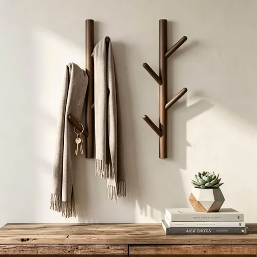 Vista 2 de Perchero 2 paquetes - Perchero de pared con ganchos para sombreros - Perchero de madera resistente - Árbol de pasillo con base sólida