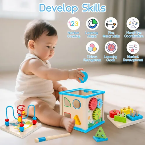 Vista 4 de WOODMAM Cubo de Actividades de Madera 7 en 1, Juguetes Montessori para Niños Pequeños de 1 Año, Juguetes Educativos de Desarrollo para Bebés