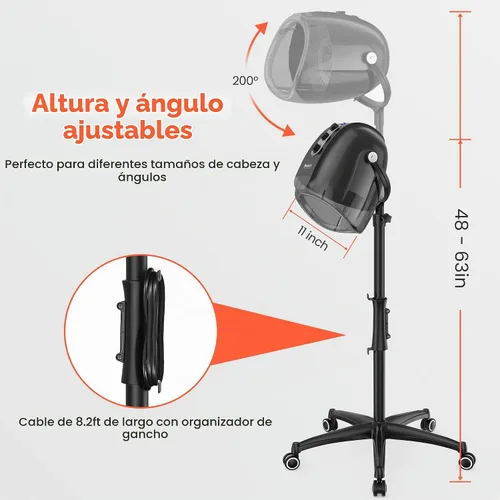 Vista 4 de TASALON Ionic - Secador de pelo con capucha, color gris, secador de pelo profesional para el hogar y el salón con 3 ajustes de temperatura