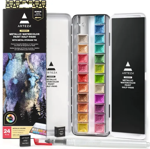 Vista 8 de ARTEZA Juego de Pintura de Acuarela Metálica – 12 Medias Pastillas Iridiscentes, Paleta Compacta de Viaje con Pincel para Pintura, Diario y Medios