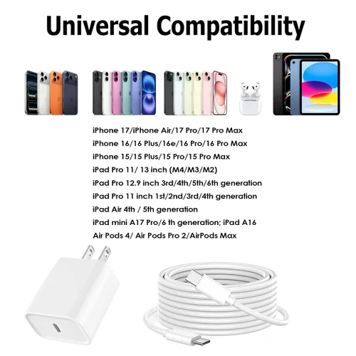Vista 7 de Cargador rápido para iPhone 17 16 15 de 10 pies, cargador de 20 W para iPhone 17 de carga rápida USB C bloque cubo con cable USBC a USBC de 10 pies