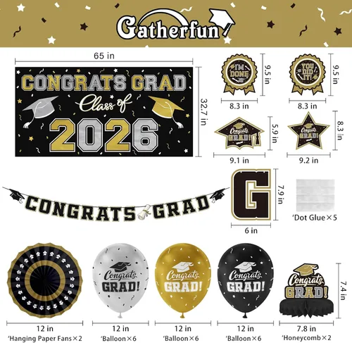 Vista 2 de Juego de decoraciones de graduación 2026 con temática negra y dorada, pancarta de felicitaciones, telón de fondo, globos y serpentinas, suministros