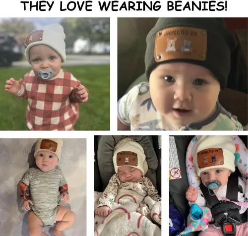 Vista 6 de Gossby Gorro de bebé personalizado con parche de cuero vegano para niño y niña, protegido por - Regalo personalizado para recién nacido, niño