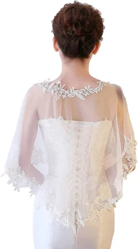 Vista 4 de Ayliss Chales de boda de encaje para mujer para novia bordados bolero capa de hombro para noche graduación vestido de fiesta