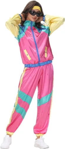 Vista 2 de Traje deportivo de los años 80 para hombres y mujeres, chaqueta y pantalones, traje con diadema, traje de 1980 para Halloween, fiesta vintage