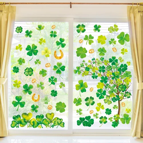 Vista 5 de Whaline 6 hojas de adhesivos para ventana del día de San Patricio - Grandes calcomanías de árbol de trébol en acuarela, decoración irlandesa doble