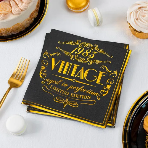 Vista 5 de Crisky Juego de 96 servilletas de papel de aluminio de oro negro para cumpleaños de 40 años, vajilla desechable vintage de 1983 para mujer