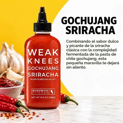 Vista 3 de Salsa Picante Weak Knees Gochujang Sriracha, Infundida con Pasta Gochujang Coreana Audaz y Sriracha Picante Clásica, Hecha en EE.UU., Botella