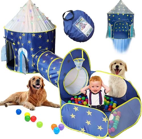 Vista 9 de Tienda de campaña para niños, túnel de gateo, pozo de pelotas y luces, casa de juegos para niños, rosa