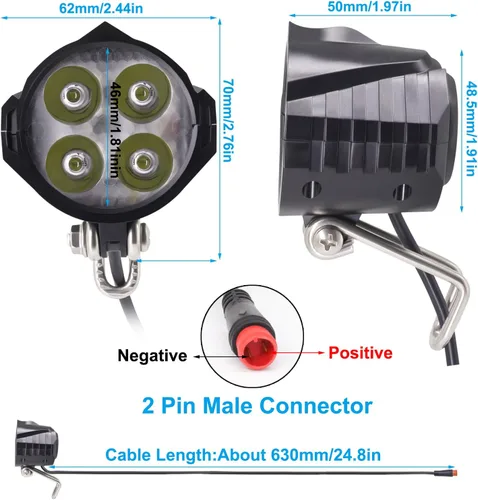 Vista 2 de Faro delantero para bicicleta eléctrica de 48 V, 36 V, compatible con 12 V-60 V, conector impermeable de 2 pines