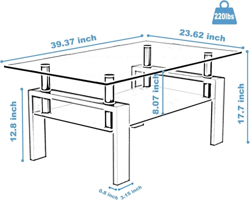 Vista 2 de Mesa de centro moderna de cristal, mesa de centro transparente, mesa de té perfecta para sala de estar, oficina, patas de metal negro, 39.37 x 23.62