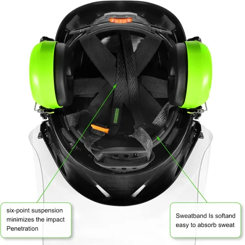 Vista 4 de Casco de Seguridad Forestal para Motosierra con Visera Completa de Policarbonato Transparente y Orejeras 3 en 1 Casco Duro Forestal