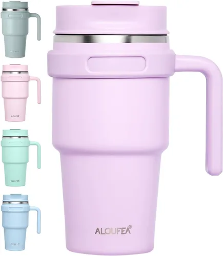 Vista 27 de Taza de café aislada de 20 onzas con asa, vaso de viaje de acero inoxidable con tapa y popote, taza térmica de doble pared al vacío a prueba de Negro