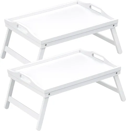 Vista 8 de Paquete de 2 bandejas de cama para mesa de desayuno, bandejas de servir, bandeja de bambú para cama portátil con patas plegables, asas y soportes