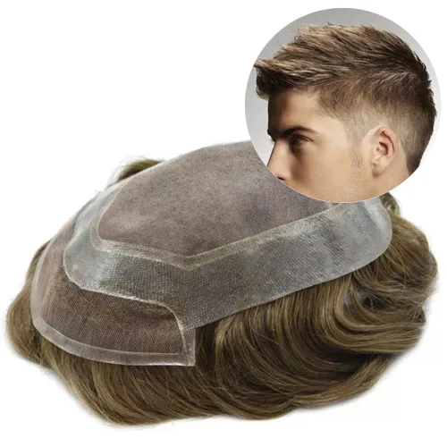 Vista 13 de Tupé para hombres Piezas de cabello humano real para hombres Sistema de reemplazo de cabello para hombres Encaje Toupee Hairpieces para adelgazar